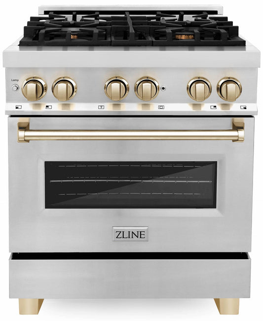 ZLINE Autograph Edition 30-Inch 4.0 cu. ft. Dual Fuel Range with Gas Stove and Electric Oven in Stainless Steel with Gold Accents (RAZ-30-G)