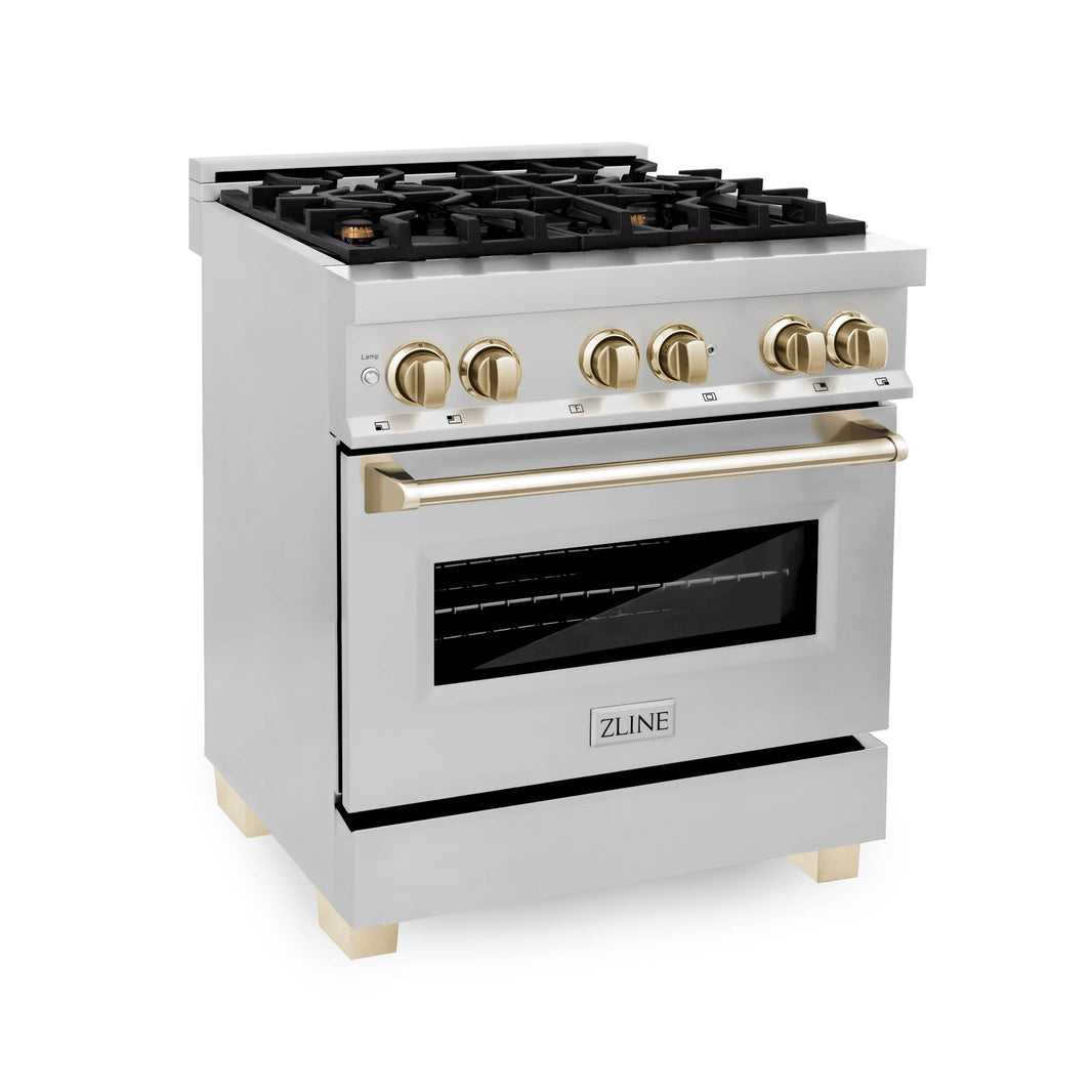 ZLINE Autograph Edition 30-Inch 4.0 cu. ft. Dual Fuel Range with Gas Stove and Electric Oven in Stainless Steel with Gold Accents (RAZ-30-G)