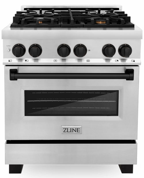 ZLINE Autograph Edition 3-Piece Appliance Package - 30" Dual Fuel Range, Wall Mounted Range Hood, & 24" Tall Tub Dishwasher in Stainless Steel with Matte Black Trim (3AKP-RARHDWM30-MB)