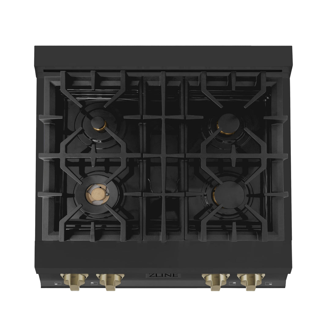 ZLINE Autograph Edition 30-Inch Porcelain Rangetop with 4 Gas Burners in Black Stainless Steel and Champagne Bronze Accents (RTBZ-30-CB)