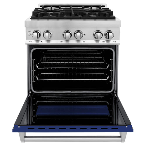 ZLINE 2-Piece Appliance Package - 30-inch Dual Fuel Range with Blue Gloss Door and Convertible Vent Range Hood in Stainless Steel (2KP-RABGRH30)