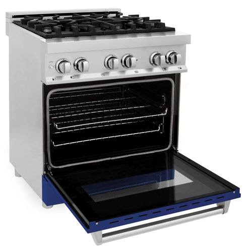 ZLINE 2-Piece Appliance Package - 30-inch Dual Fuel Range with Blue Gloss Door and Convertible Vent Range Hood in Stainless Steel (2KP-RABGRH30)