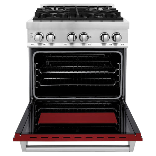 ZLINE 2-Piece Appliance Package - 30-inch Dual Fuel Range with Red Gloss Door and Convertible Vent Range Hood in Stainless Steel (2KP-RARGRH30)