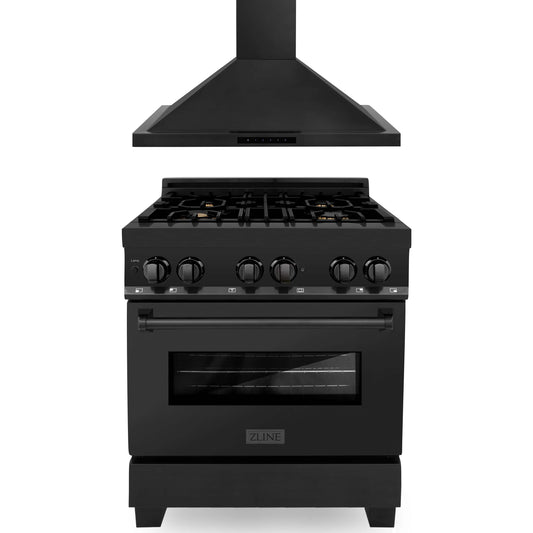 ZLINE 2-Piece Appliance Package - 30" Dual Fuel Range with Brass Burners & Convertible Wall Mount Hood in Black Stainless Steel (2KP-RABRH30)