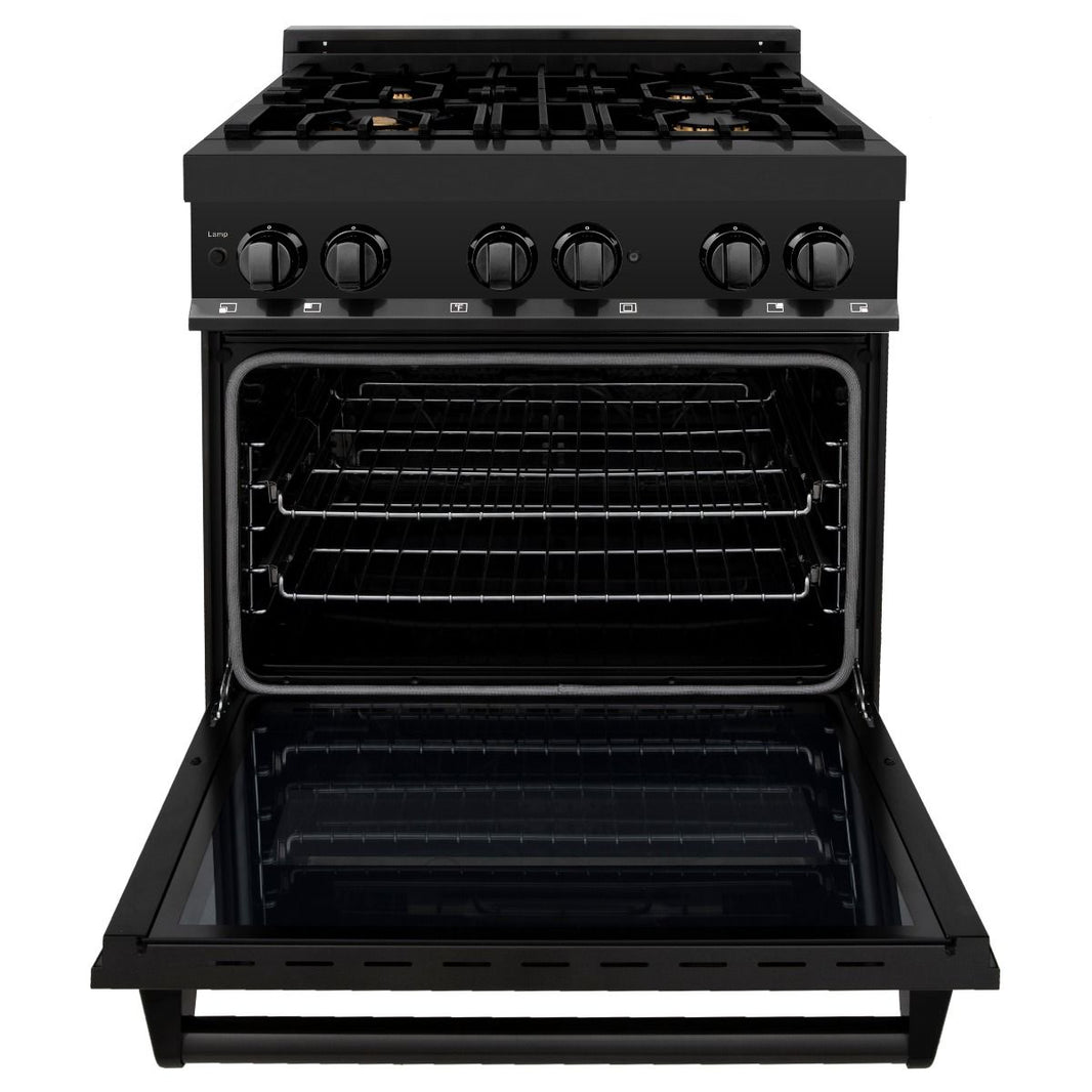 ZLINE 2-Piece Appliance Package - 30" Dual Fuel Range with Brass Burners & Convertible Wall Mount Hood in Black Stainless Steel (2KP-RABRH30)