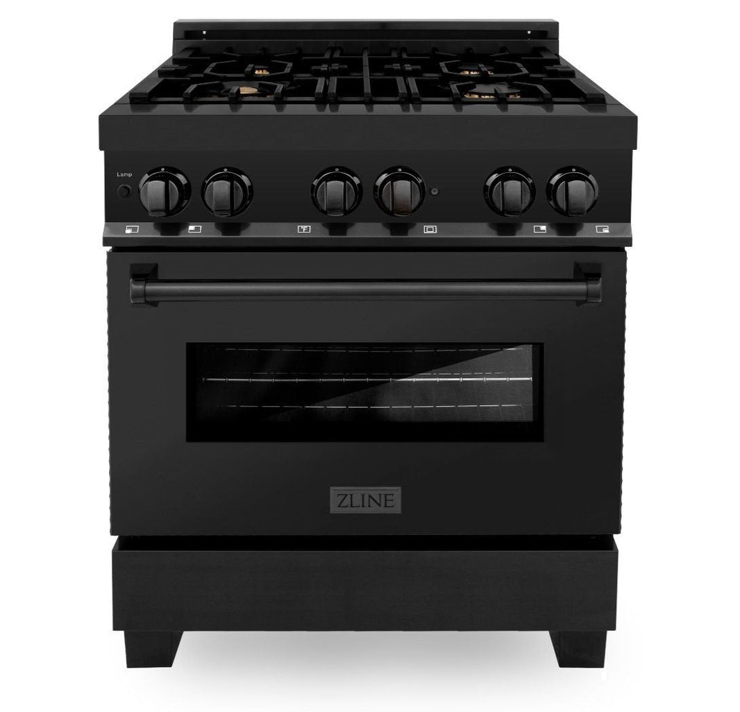 ZLINE 2-Piece Appliance Package - 30" Dual Fuel Range with Brass Burners & Convertible Wall Mount Hood in Black Stainless Steel (2KP-RABRH30)