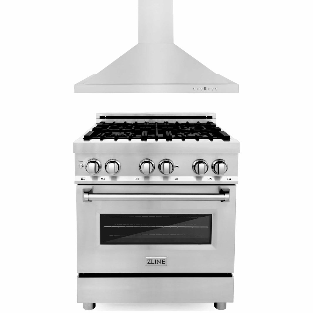 ZLINE 2-Piece Appliance Package - 30-inch Dual Fuel Range and Convertible Wall Mount Range Hood in Stainless Steel (2KP-RARH30)