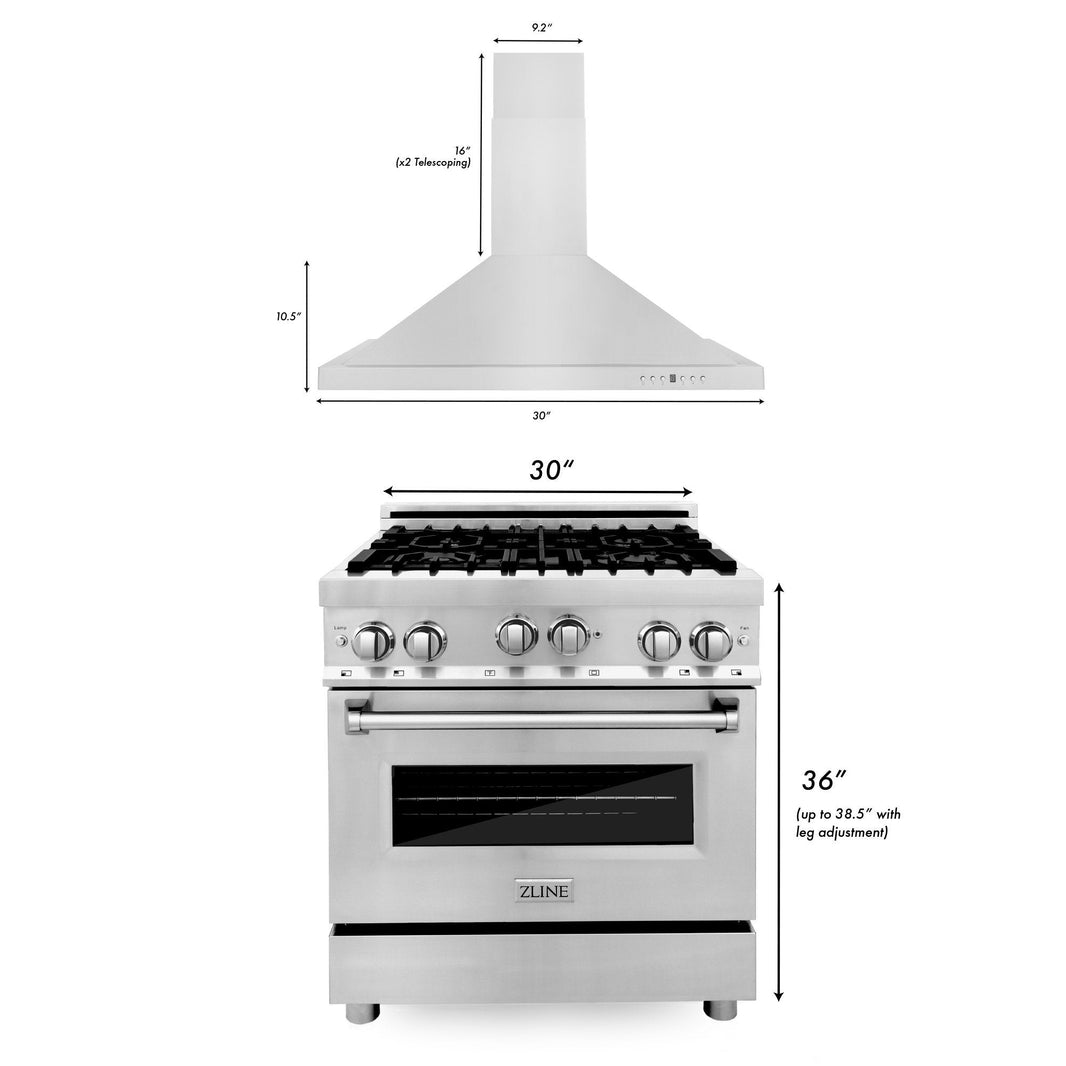 ZLINE 2-Piece Appliance Package - 30-inch Dual Fuel Range and Convertible Wall Mount Range Hood in Stainless Steel (2KP-RARH30)