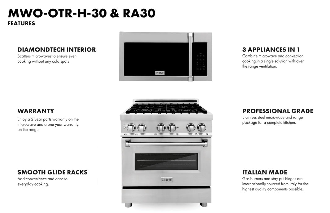 ZLINE 2-Piece Appliance Package - 30-inch Dual Fuel Range & Over-the-Range Microwave (2KP-RAOTRH30)