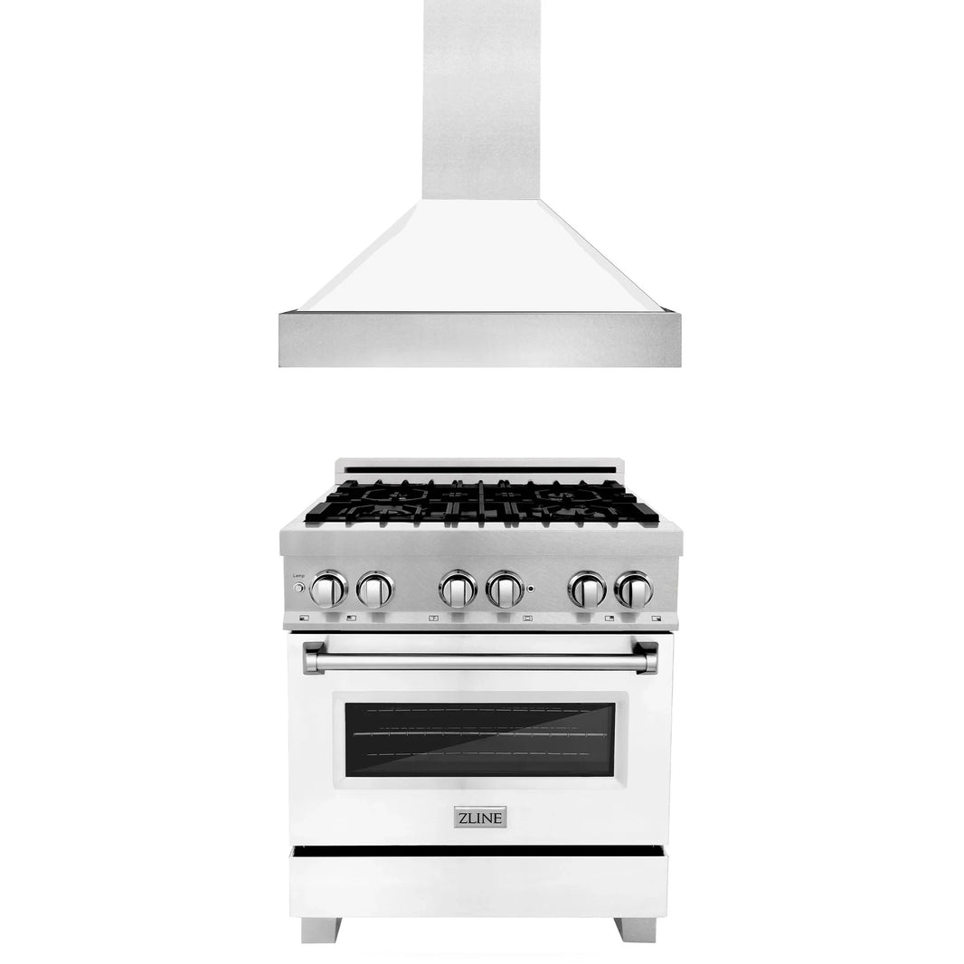 ZLINE 2-Piece Appliance Package - 30-inch Dual Fuel Range & Premium Range Hood in DuraSnow Stainless Steel with White (2KP-RASWMRH30)