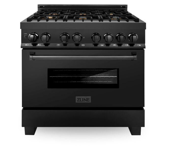 ZLINE 2-Piece Appliance Package - 36" Dual Fuel Range with Brass Burners & Convertible Wall Mount Range Hood in Black Stainless Steel (2KP-RABRH36)