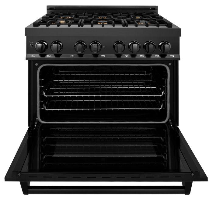 ZLINE 2-Piece Appliance Package - 36" Dual Fuel Range with Brass Burners & Convertible Wall Mount Range Hood in Black Stainless Steel (2KP-RABRH36)