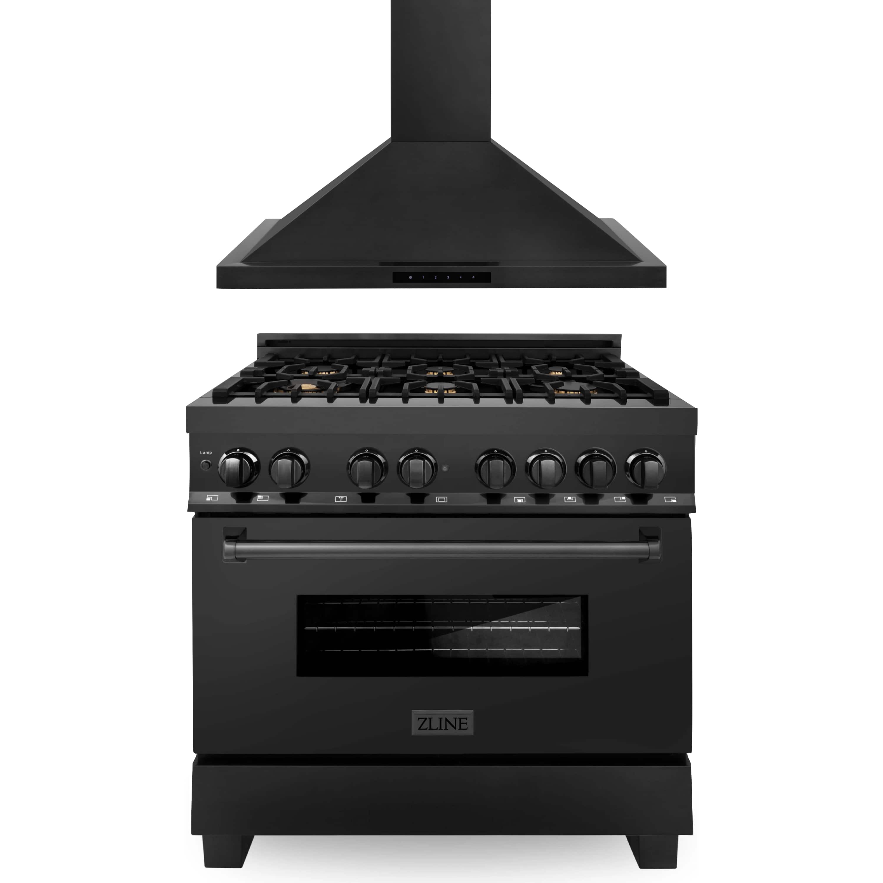 ZLINE 2-Piece Appliance Package - 36" Dual Fuel Range with Brass Burners & Convertible Wall Mount Range Hood in Black Stainless Steel (2KP-RABRH36)