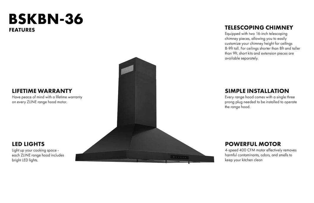 ZLINE 2-Piece Appliance Package - 36" Dual Fuel Range with Brass Burners & Convertible Wall Mount Range Hood in Black Stainless Steel (2KP-RABRH36)