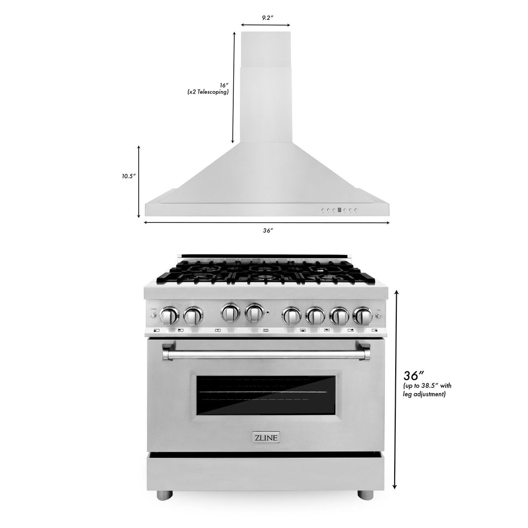 ZLINE 2-Piece Appliance Package - 36-inch Dual Fuel Range & Premium Hood Combo (2KP-RARH36)