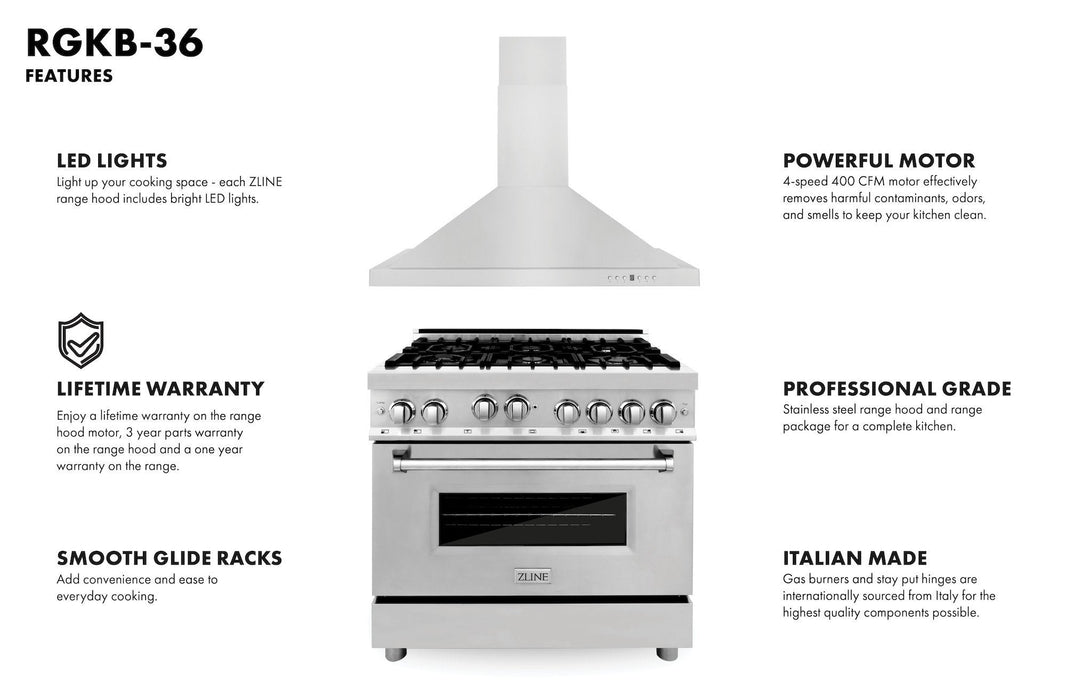 ZLINE 2-Piece Appliance Package - 36-inch Dual Fuel Range & Premium Hood Combo (2KP-RARH36)