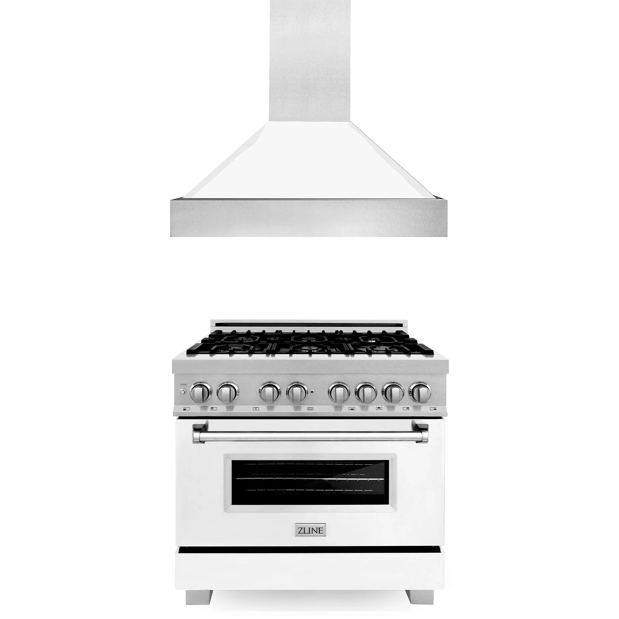 ZLINE 2-Piece Appliance Package - 36-inch Dual Fuel Range & Premium Range Hood in DuraSnow Stainless Steel with White (2KP-RASWMRH36)