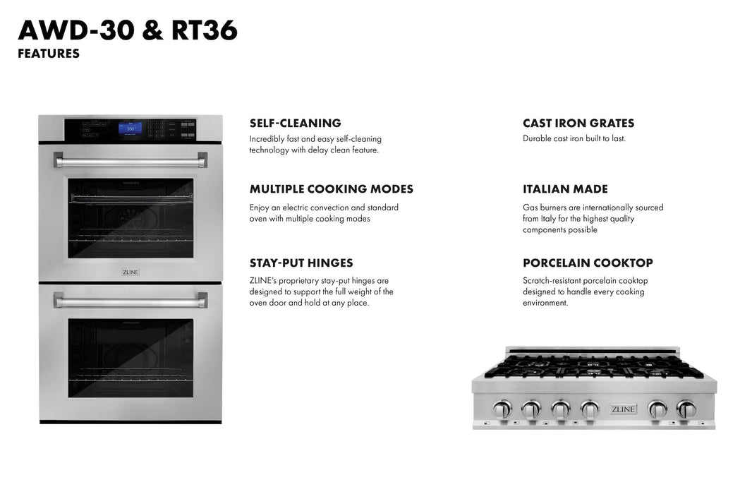 ZLINE 2-Piece Appliance Package - 36-inch Rangetop & 30-inch Double Wall Oven in Stainless Steel (2KP-RTAWD36)