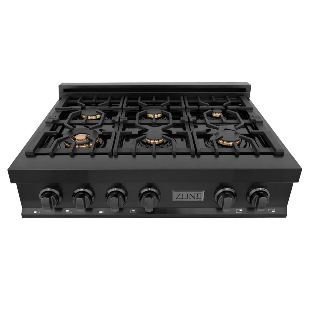 ZLINE 2-Piece Appliance Package - 36-inch Rangetop with Brass Burners and 30-inch Double Wall Oven in Black Stainless Steel (2KP-RTBAWD36)