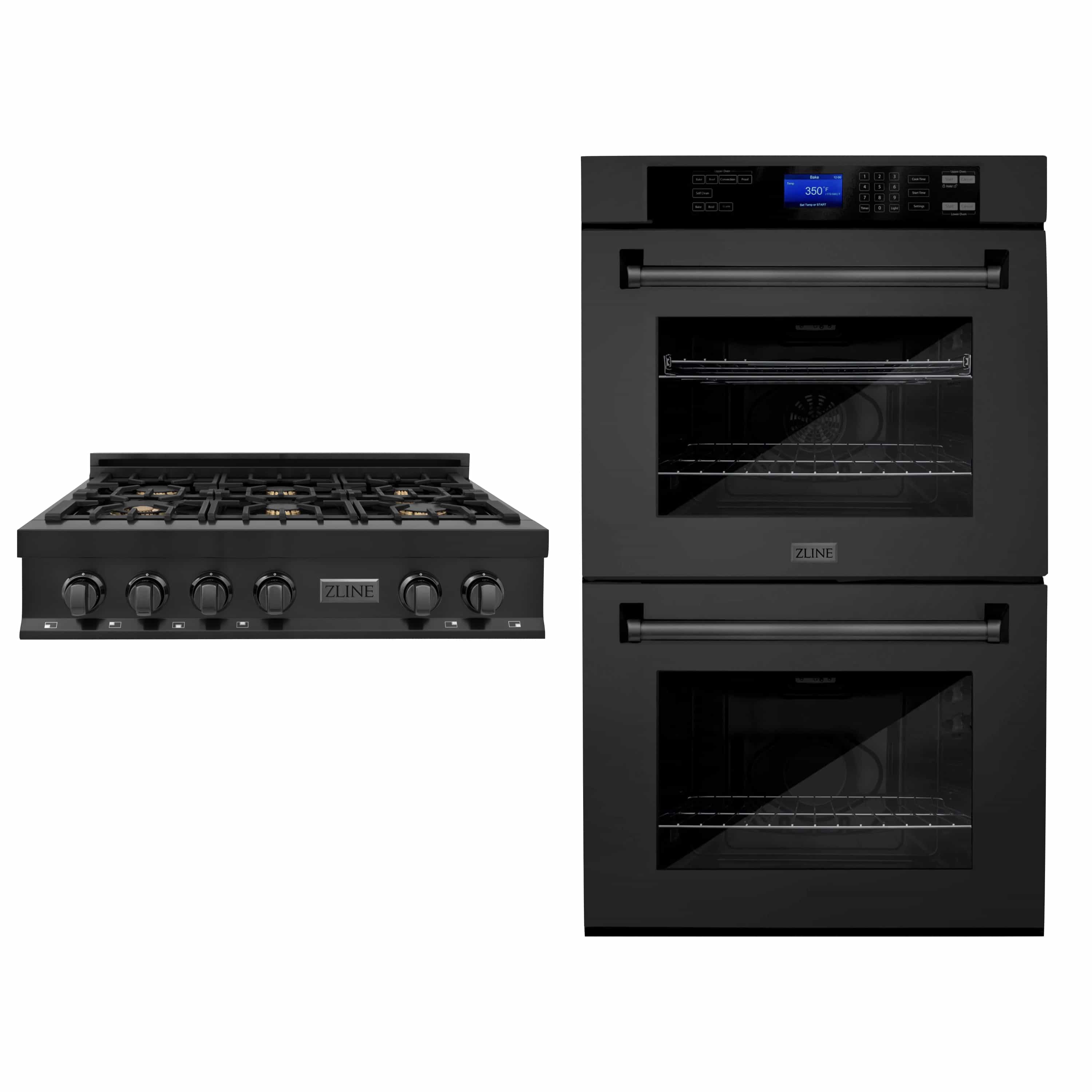 ZLINE 2-Piece Appliance Package - 36-inch Rangetop with Brass Burners and 30-inch Double Wall Oven in Black Stainless Steel (2KP-RTBAWD36)