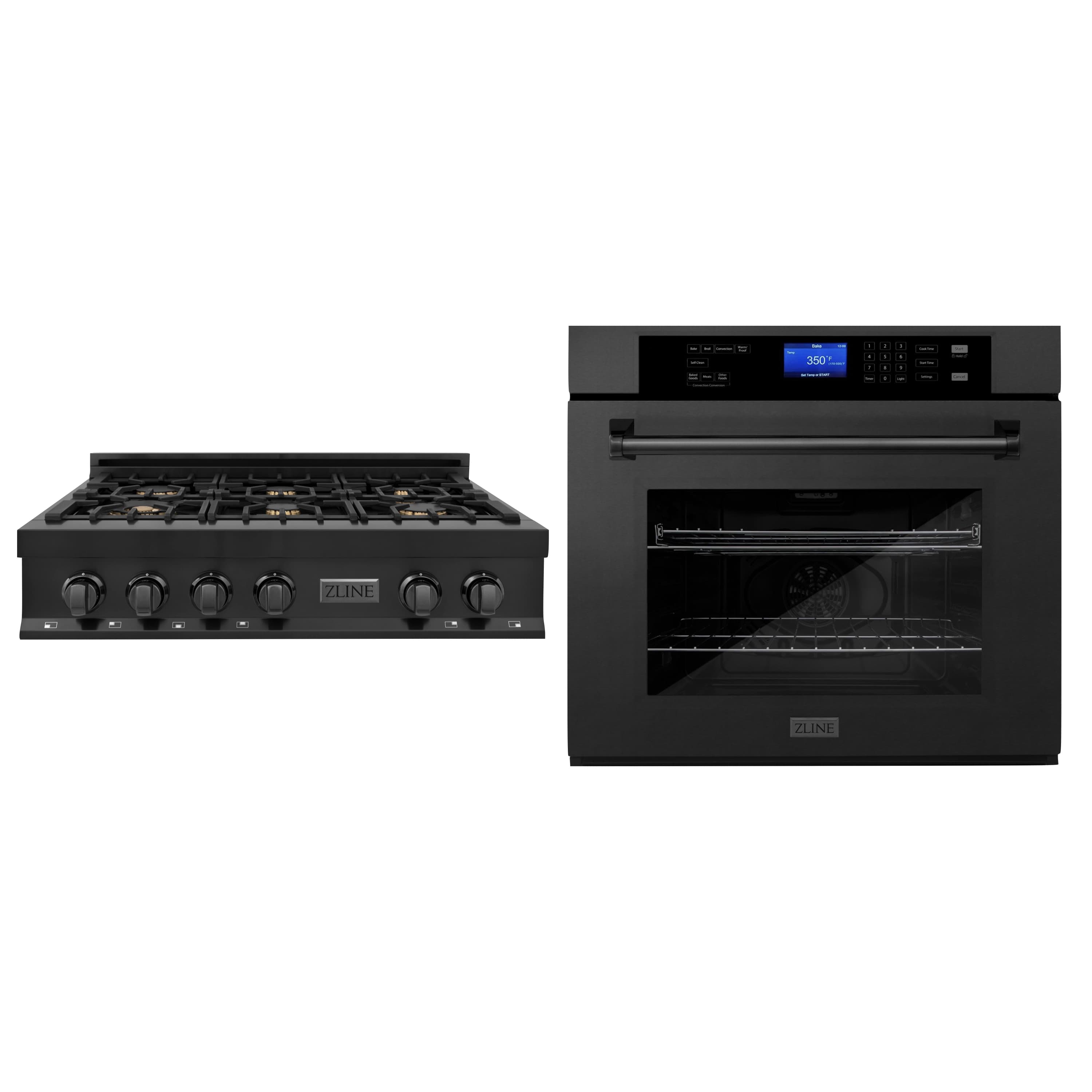 ZLINE 2-Piece Appliance Package - 36-inch Rangetop with Brass Burners and 30-inch Wall Oven in Black Stainless Steel (2KP-RTBAWS36)