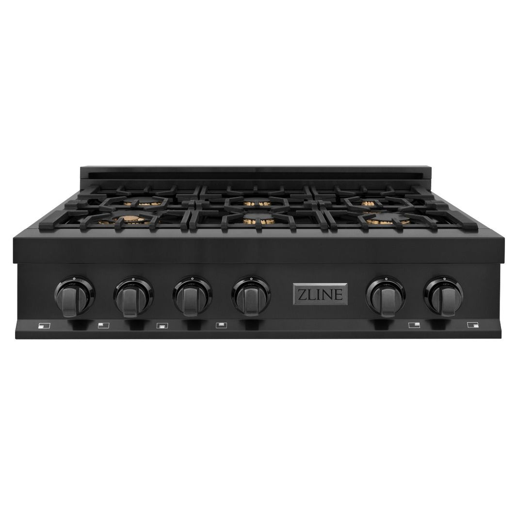 ZLINE 2-Piece Appliance Package - 36-inch Rangetop with Brass Burners and 30-inch Wall Oven in Black Stainless Steel (2KP-RTBAWS36)