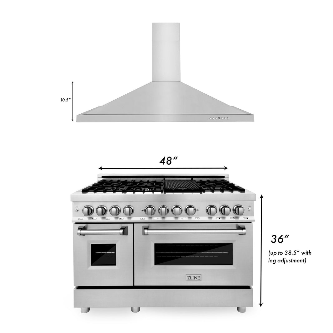 ZLINE 2-Piece Appliance Package - 48-inch Dual Fuel Range & Convertible Vent Hood in Stainless Steel (2KP-RARH48)