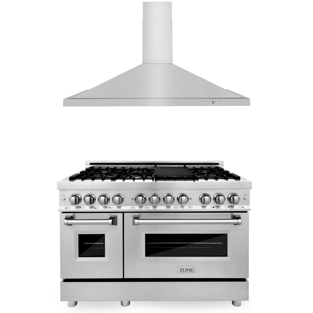 ZLINE 2-Piece Appliance Package - 48-inch Dual Fuel Range & Convertible Vent Hood in Stainless Steel (2KP-RARH48)