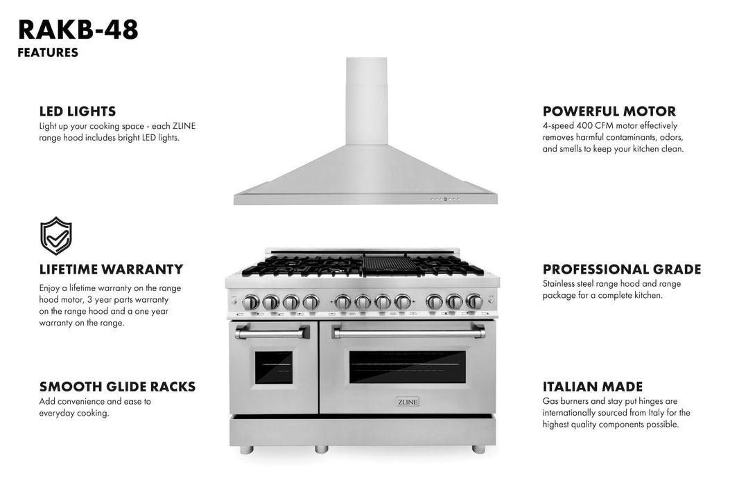 ZLINE 2-Piece Appliance Package - 48-inch Dual Fuel Range & Convertible Vent Hood in Stainless Steel (2KP-RARH48)