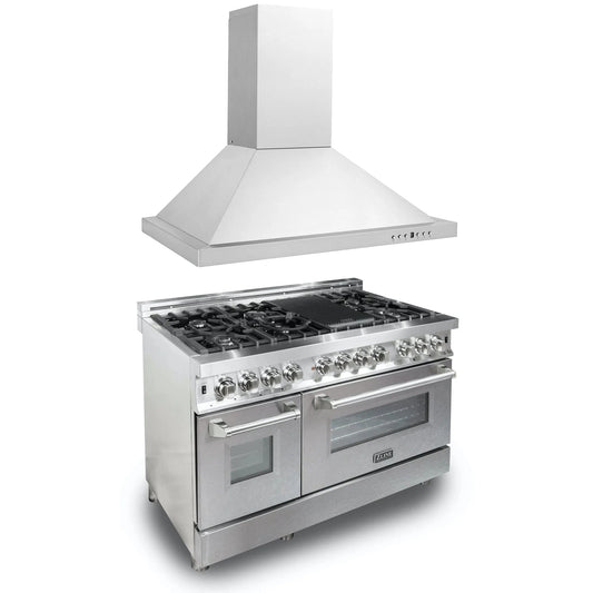 ZLINE 2-Piece Appliance Package - 48-inch Dual Fuel Range in Stainless Steel with DuraSnow Door & Convertible Wall Mount Hood in Stainless Steel (2KP-RASNRH48)