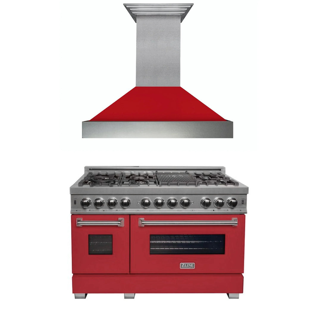 ZLINE 2-Piece Appliance Package - 48-inch Dual Fuel Range & Premium Hood in DuraSnow Stainless Steel with Red Matte (2KP-RASRMRH48)