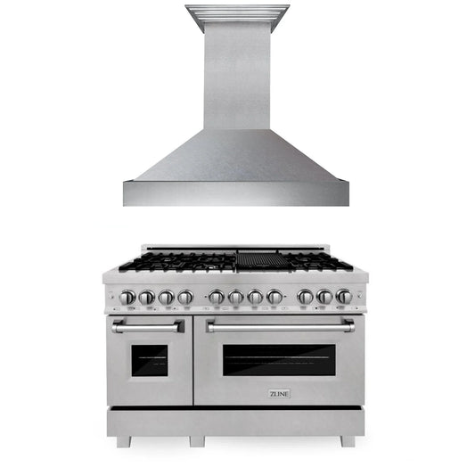 ZLINE 2-Piece Appliance Package - 48-inch Dual Fuel Range & Premium Range Hood in DuraSnow Stainless Steel (2KP-RASSNRH48)