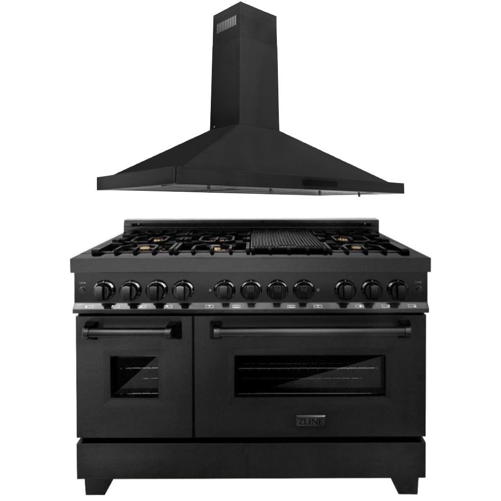 ZLINE 2-Piece Appliance Package - 48-inch Dual Fuel Range with Brass Burners & Convertible Wall Mount Hood Combo in Black Stainless Steel (2KP-RABRH48)