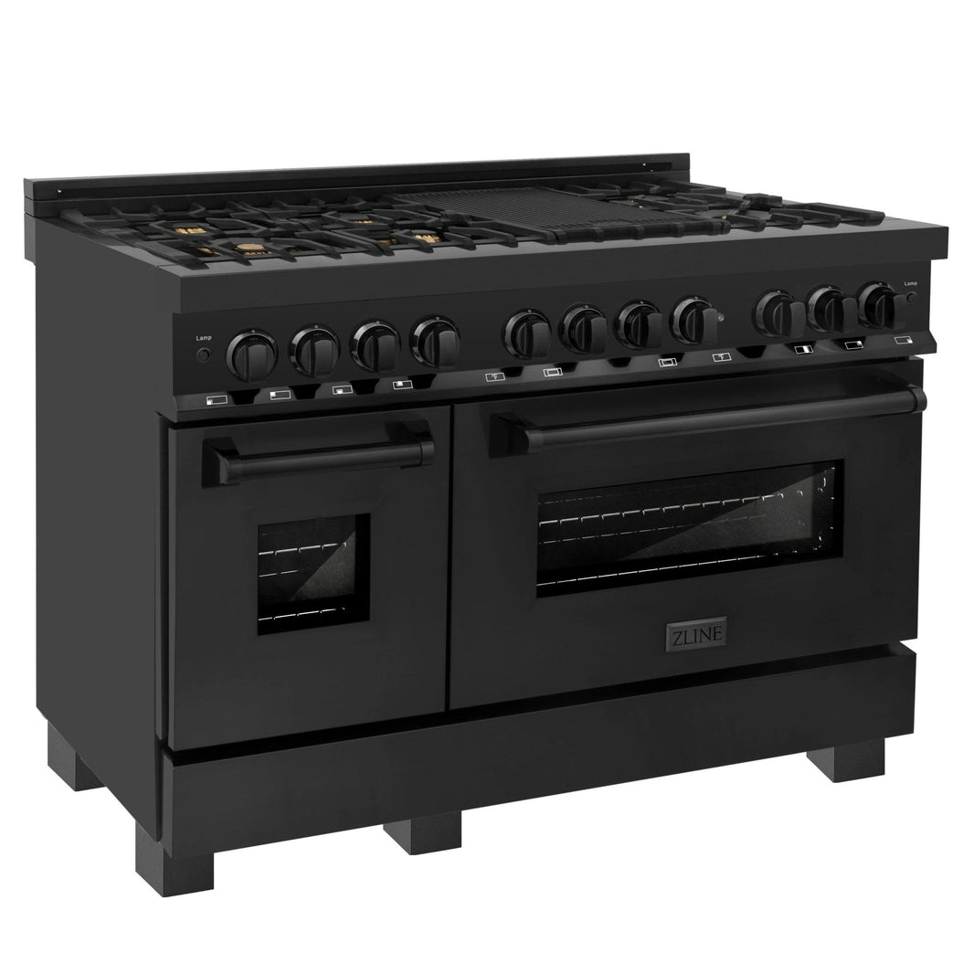 ZLINE 2-Piece Appliance Package - 48-inch Dual Fuel Range with Brass Burners & Convertible Wall Mount Hood Combo in Black Stainless Steel (2KP-RABRH48)