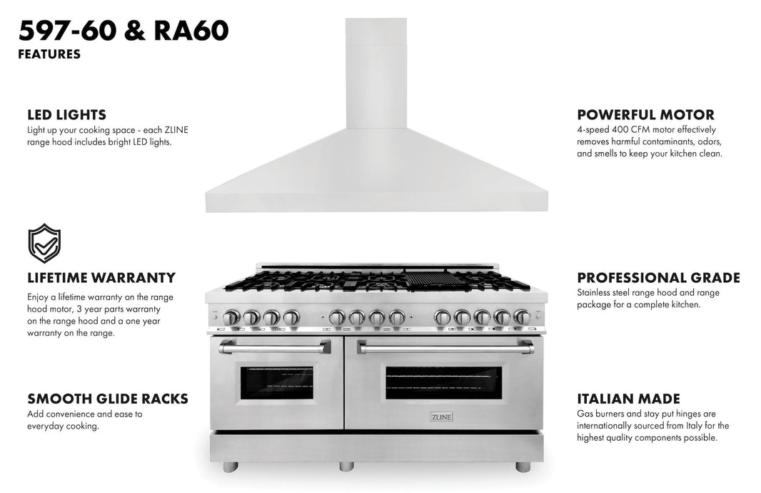 ZLINE 2-Piece Appliance Package - 60-inch Dual Fuel Range & Convertible Vent Range Hood in Stainless Steel (2KP-RARH60)