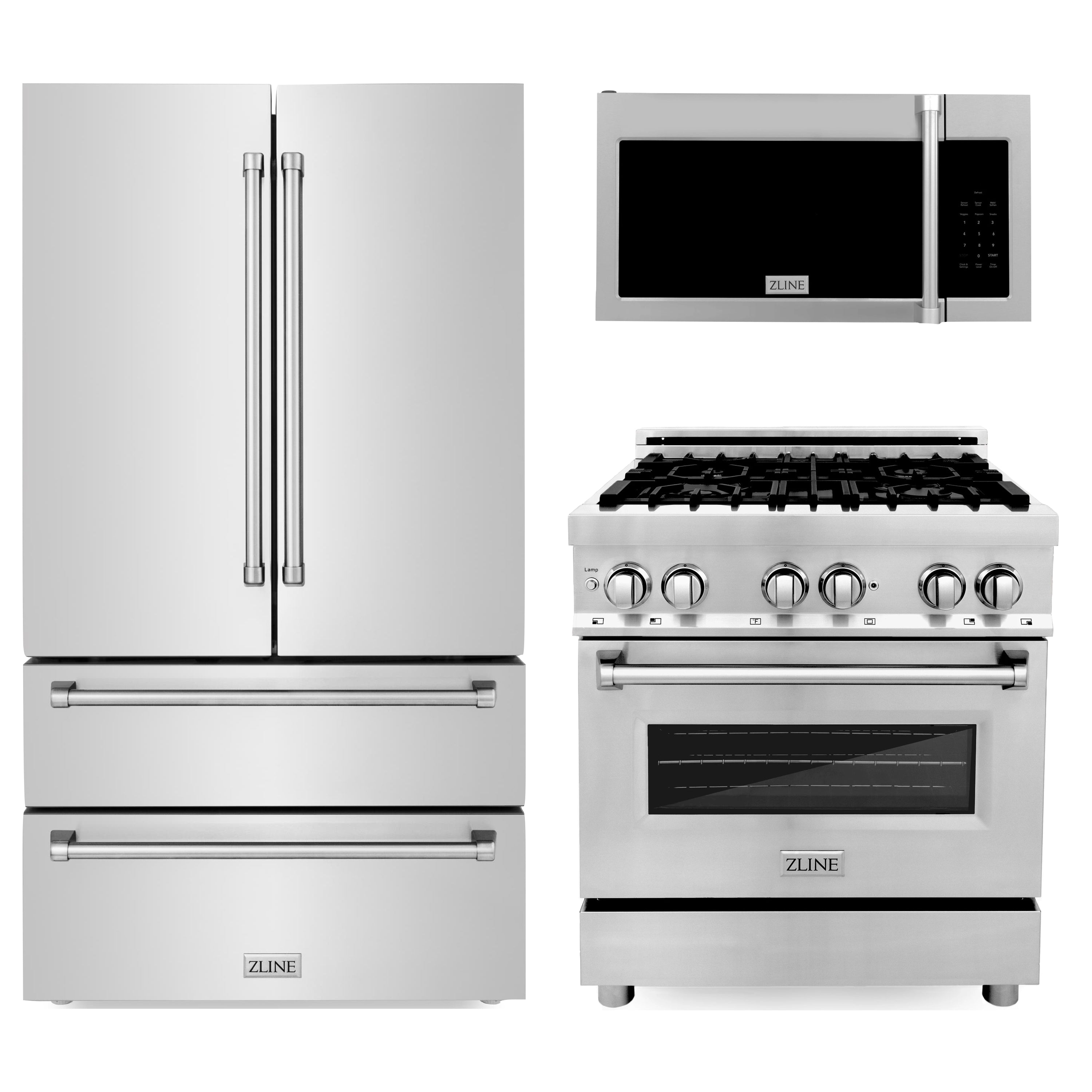 ZLINE 3-Piece Appliance Package - 30" Dual Fuel Range, 36" Refrigerator, & Over-the-Range Microwave/Vent Hood Combo (3KPR-RAOTRH30)