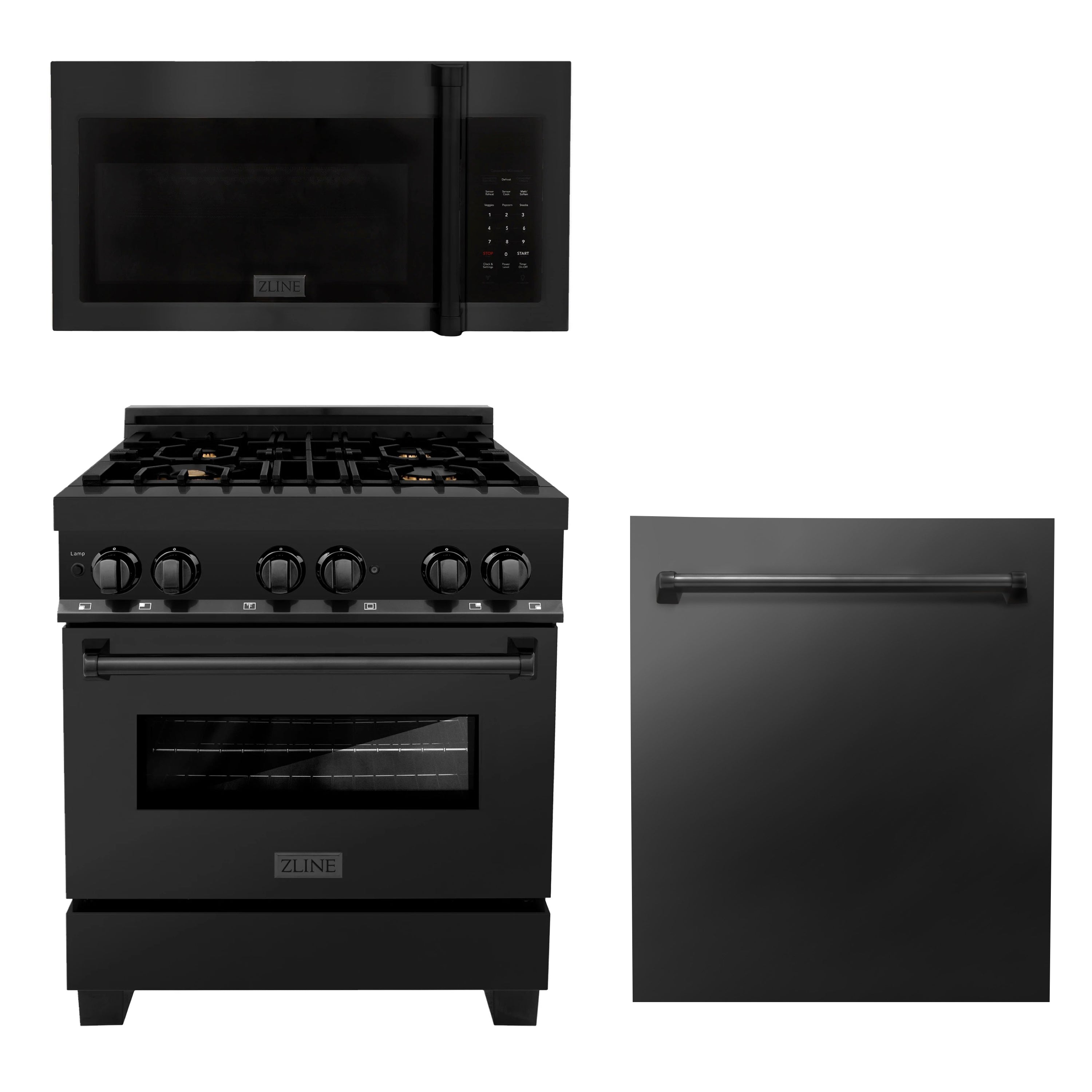 ZLINE 3-Piece Appliance Package - 30" Dual Fuel Range with Brass Burners, Over the Range Microwave/Vent Hood Combo, and Dishwasher in Black Stainless Steel (3KP-RABOTRH30-DW)