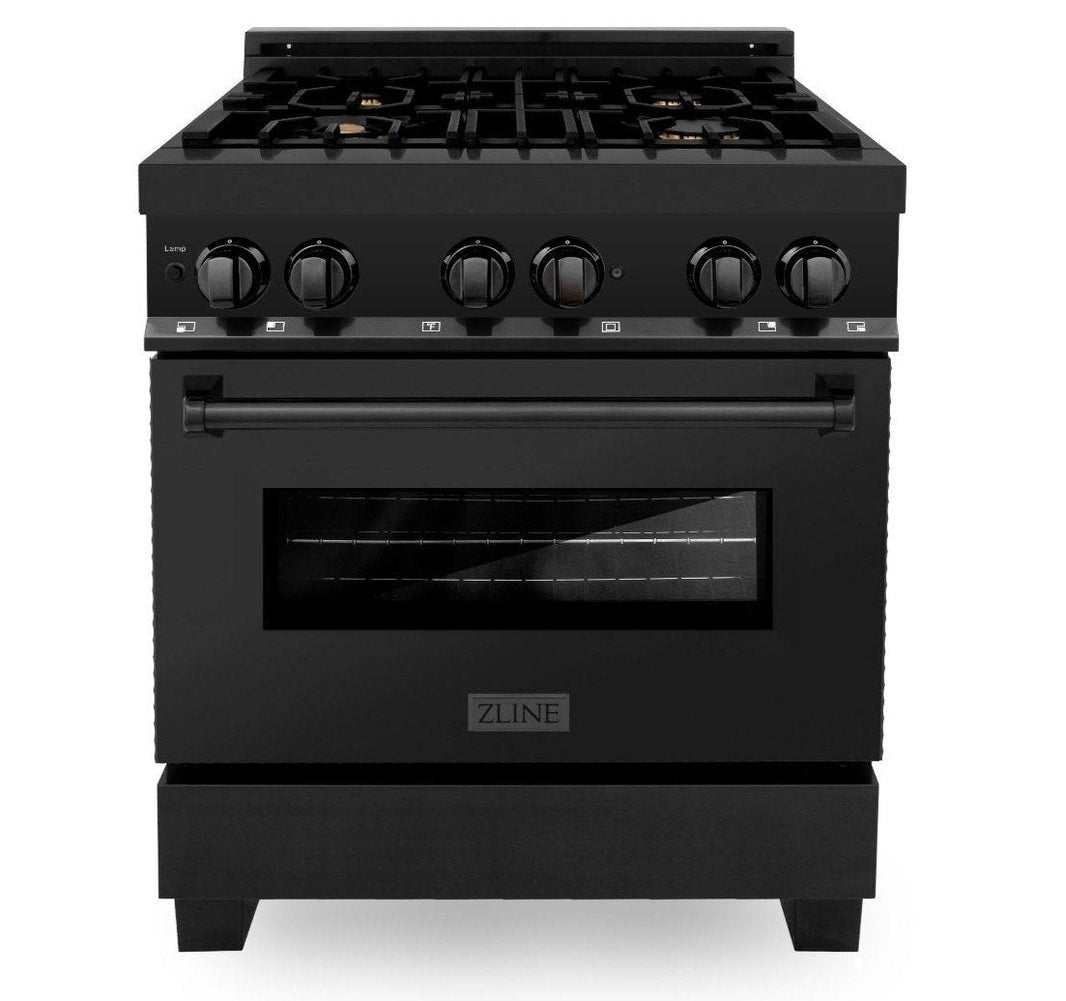 ZLINE 3-Piece Appliance Package - 30" Dual Fuel Range with Brass Burners, Over the Range Microwave/Vent Hood Combo, and Dishwasher in Black Stainless Steel (3KP-RABOTRH30-DW)