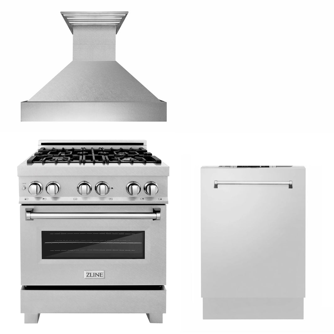 ZLINE 3-Piece Appliance Package - 30-inch Dual Fuel Range, Dishwasher & Premium Wall Mount Hood in DuraSnow Stainless Steel (3KP-RASRH30-DW)