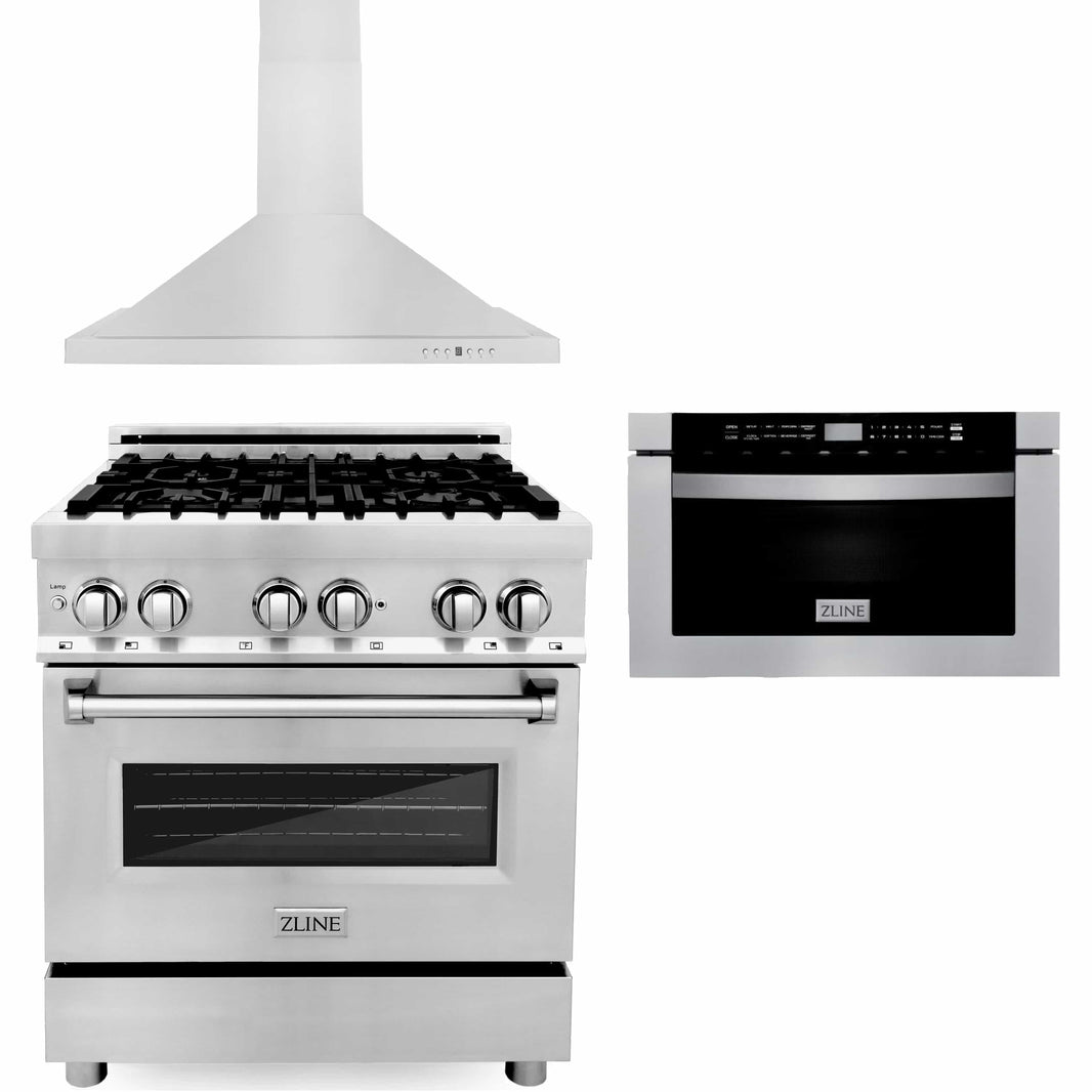 ZLINE 3-Piece Appliance Package - 30-inch Dual Fuel Range, Premium Hood & Microwave Drawer in Stainless Steel (3KP-RARH30-MW)