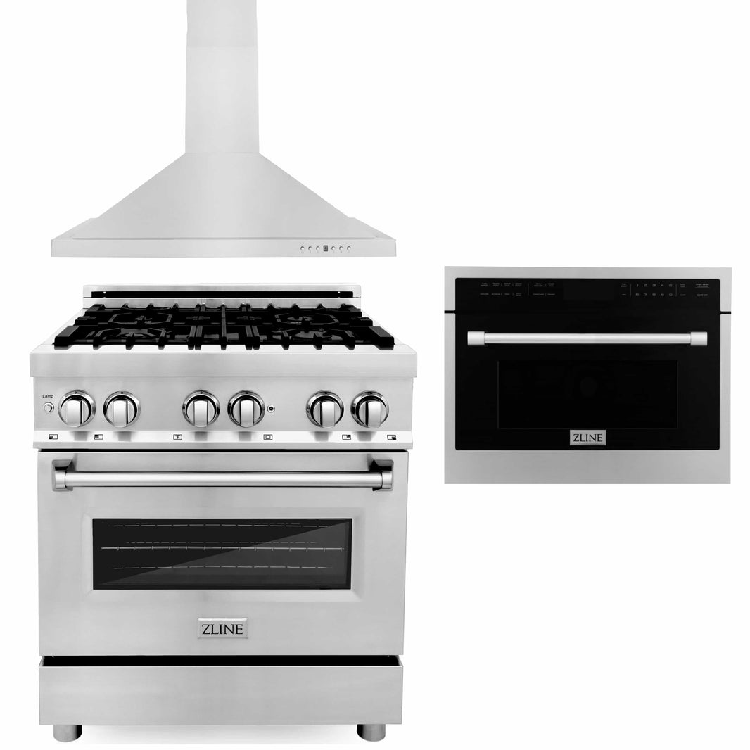 ZLINE 3-Piece Appliance Package - 30-inch Dual Fuel Range, Premium Hood & Microwave Oven in Stainless Steel (3KP-RARHMWO-30)