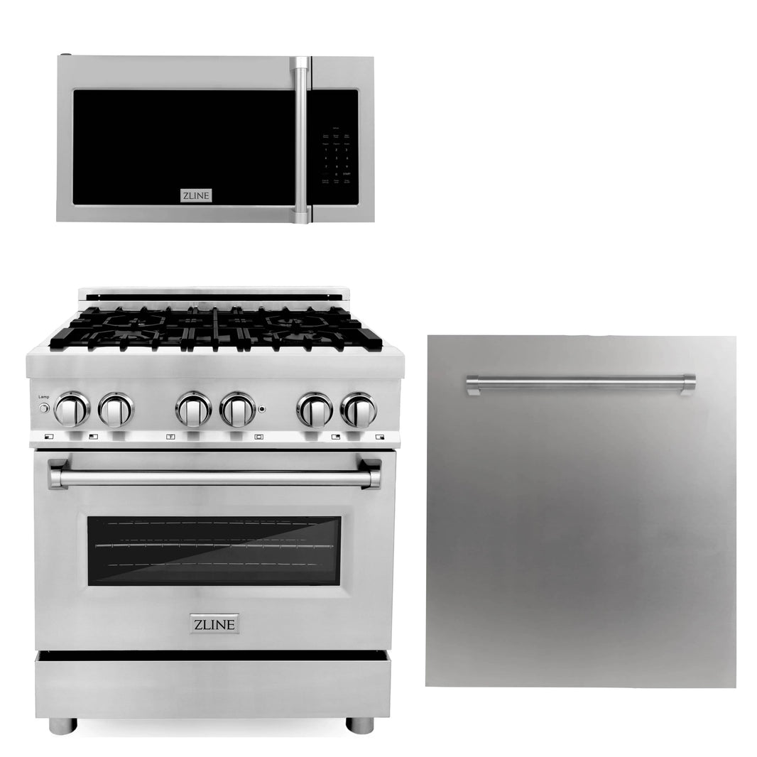 ZLINE 3-Piece Appliance Package - 30-inch Dual Fuel Range, Stainless Steel Dishwasher & Over-the-Range Microwave/Hood Combo (3KP-RAOTRH30-DW)