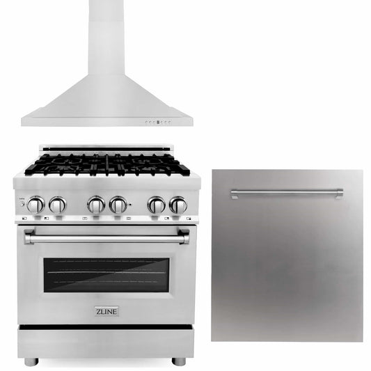 ZLINE 3-Piece Appliance Package - 30-inch Dual Fuel Range, Stainless Steel Dishwasher & Premium Hood (3KP-RARH30-DW)