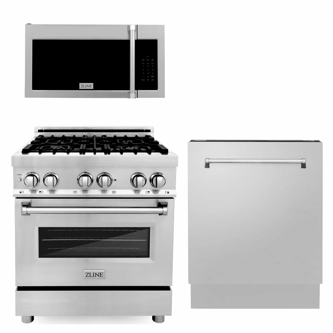 ZLINE 3-Piece Appliance Package - 30-inch Dual Fuel Range, Tall Tub Dishwasher & Over-the-Range Microwave (3KP-RAOTRH30-DWV)