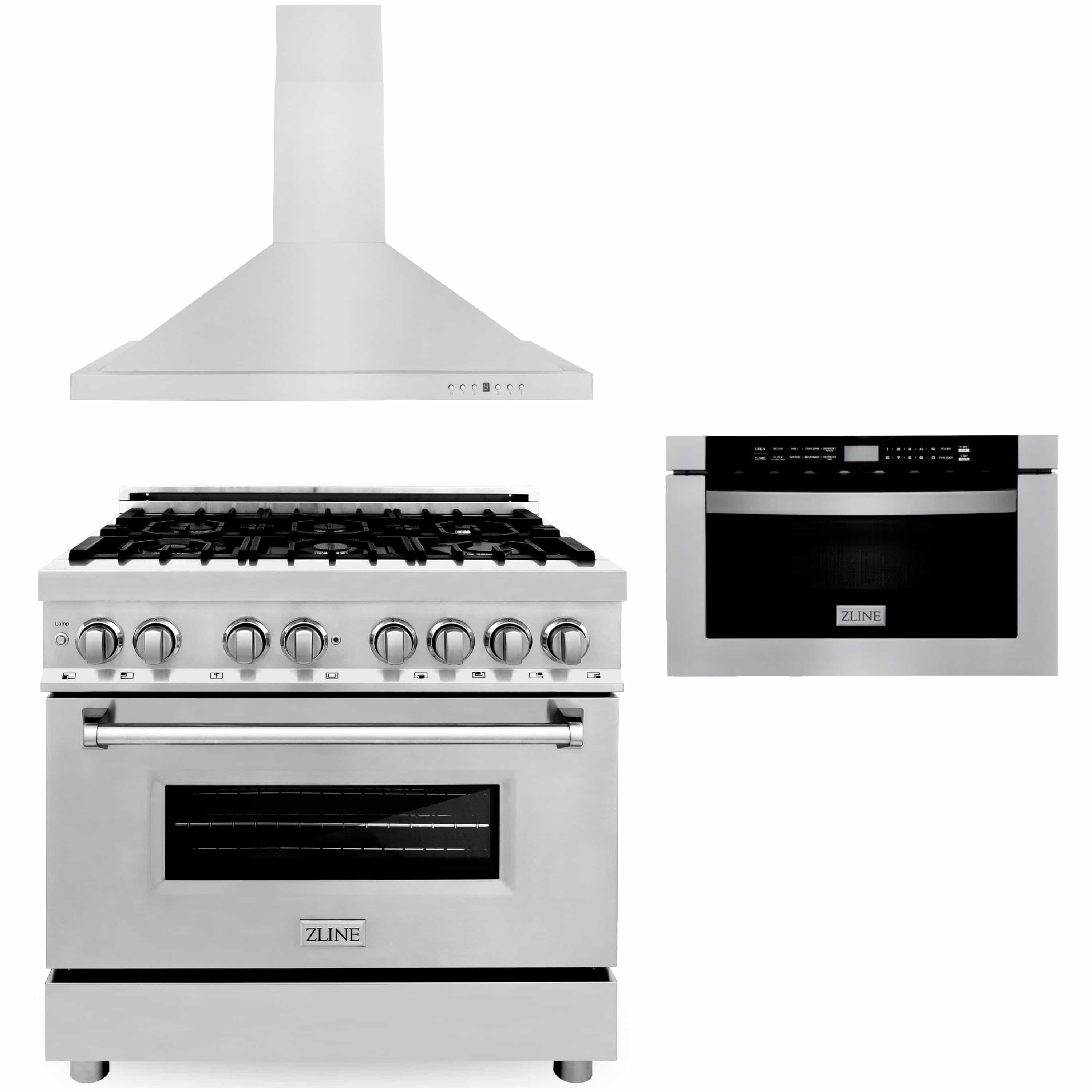 ZLINE 3-Piece Appliance Package - 36-inch Dual Fuel Range, Premium Hood & Microwave Drawer in Stainless Steel (3KP-RARH36-MW)