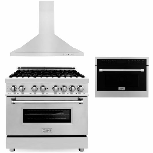 ZLINE 3-Piece Appliance Package - 36-inch Dual Fuel Range, Premium Hood & Microwave Oven in Stainless Steel (3KP-RARHMWO-36)