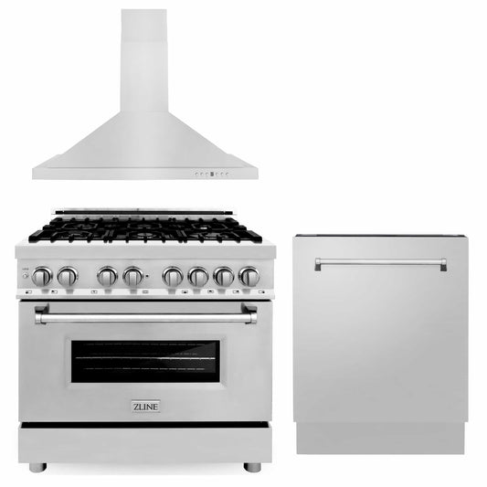 ZLINE 3-Piece Appliance Package - 36-inch Dual Fuel Range, Tall Tub Dishwasher & Premium Hood in Stainless Steel (3KP-RARH36-DWV)