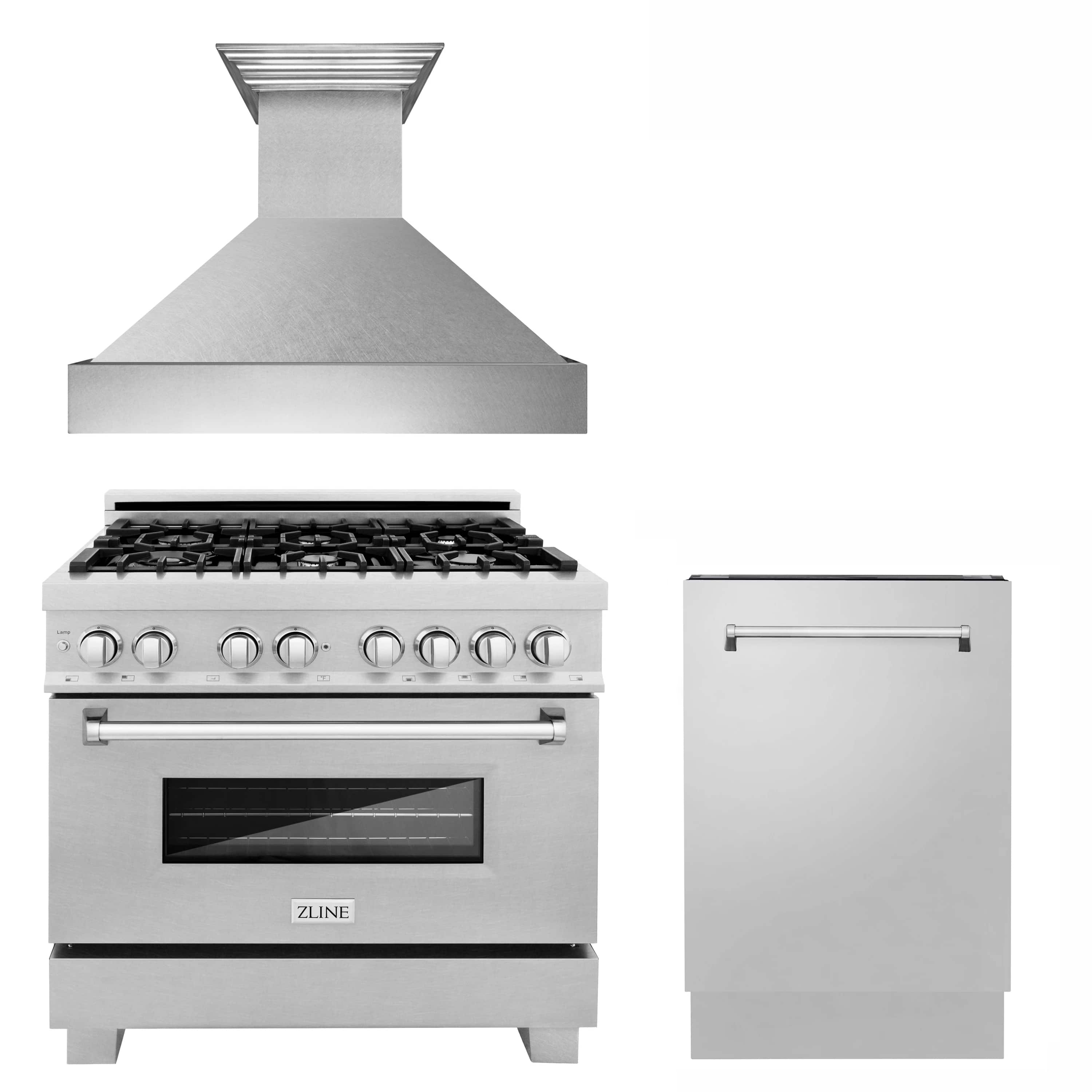 ZLINE 3-Piece Appliance Package - 36-inch Dual Fuel Range, Tall Tub Dishwasher & Premium Wall Mount Hood in DuraSnow Stainless Steel (3KP-RASRH36-DWV)