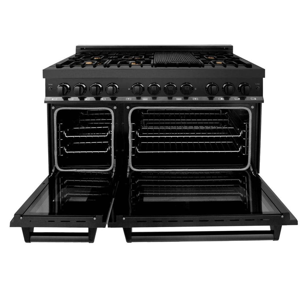 ZLINE 3-Piece Appliance Package - 48" Dual Fuel Range with Brass Burners, Convertible Wall Mount Hood, and 3-Rack Dishwasher in Black Stainless Steel (3KP-RABRH48-DWV)