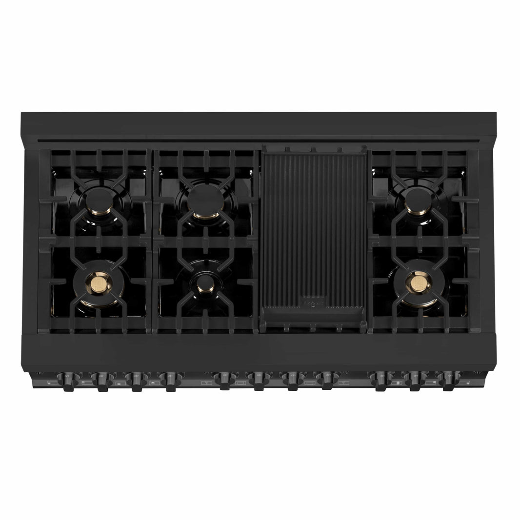 ZLINE 3-Piece Appliance Package - 48" Dual Fuel Range with Brass Burners, Convertible Wall Mount Hood, and 3-Rack Dishwasher in Black Stainless Steel (3KP-RABRH48-DWV)